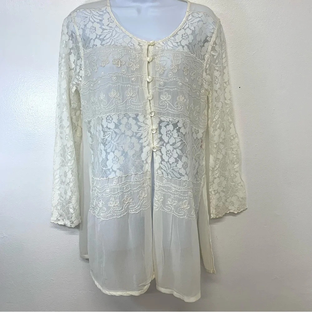 Vintage Lace Blouse  Tunic Small Floral Embroidery Button‎ Up Sheer Fairy Boho